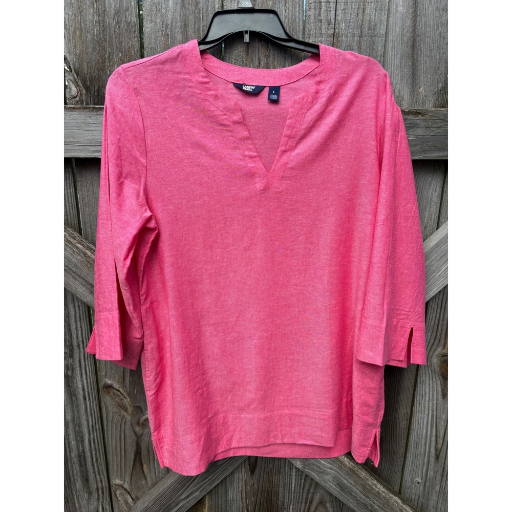 Lands End Womens Pink Linen Blend 3/4 Sleeve V-Neck Tunic Top Size L NWT